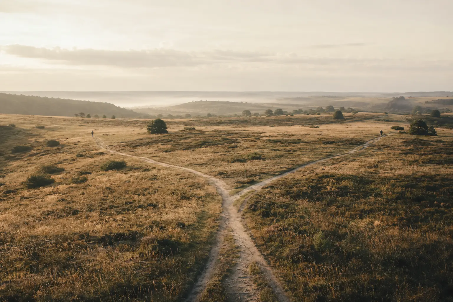 Zwei Wege führen durch eine weite Landschaft aufeinander zu und werden zu einem gemeinsamen Weg